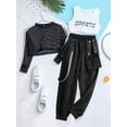 thumbnail image 5 of CHICTRY Kids Girls Mesh Long Sleeve Crop Top with Letters Print Vest Chain Pocket Pants Dance Sports Outfit Set Black&White 10, 5 of 7