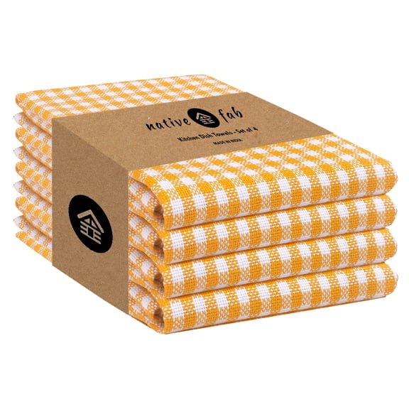 Native Fab 4 Pack Gingham Check Plaid Kitchen Towel - Soft Cotton - Washcloths - 16x26 - Yellow