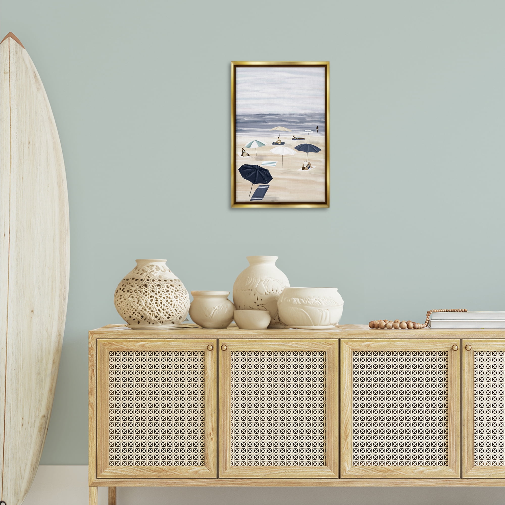 Stupell Industries Beachgoers with Umbrellas Nautical & Beach Painting Gold Floater Framed Canvas Art Print Wall Art, 17 x 25