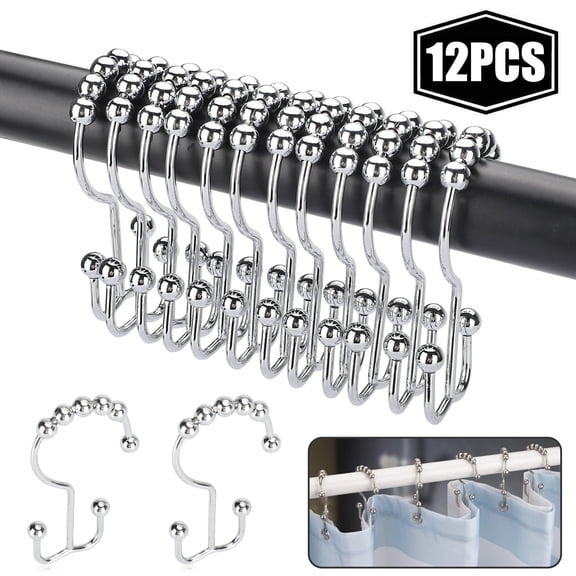 BAKIBO Shower Curtain Hooks, Shower Curtain Rings, 12pcs Stainless Steel Roller Rust-Resistant Balance Sliding Anti-Drop Double Shower Hooks for Curtain Bathroom Shower Curtains, Silver