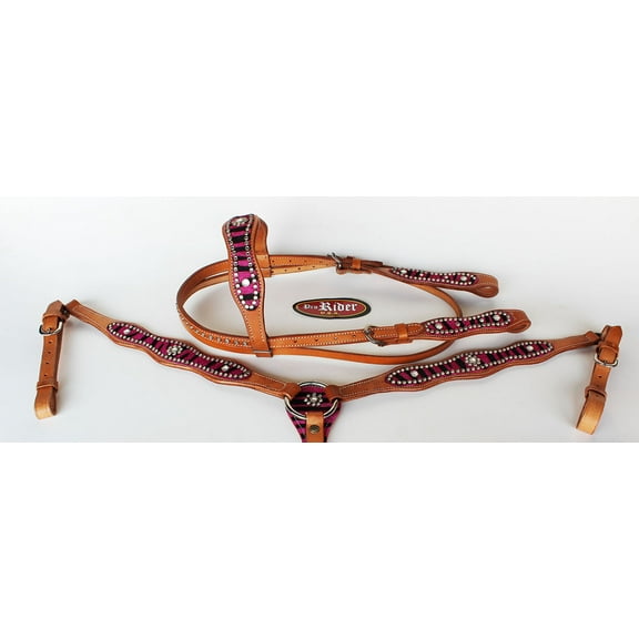 Horse Western Riding Leather Bridle Headstall Breast Collar Tack Pink 7629