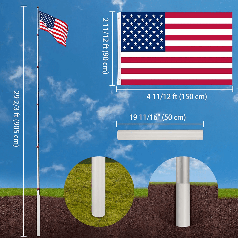 30' American Aluminum Telescopic Flag Pole, Silver