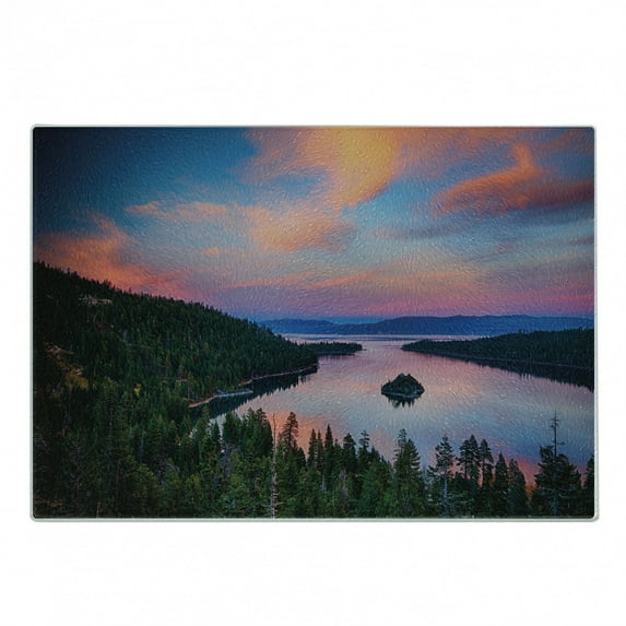 Lake Tahoe Cutting Board, California Photography Rustic Themes Sundown Time Freshwater Sierra Nevada Lake, Decorative Tempered Glass Cutting and Serving Board, Small Size, Multicolor, by Ambesonne