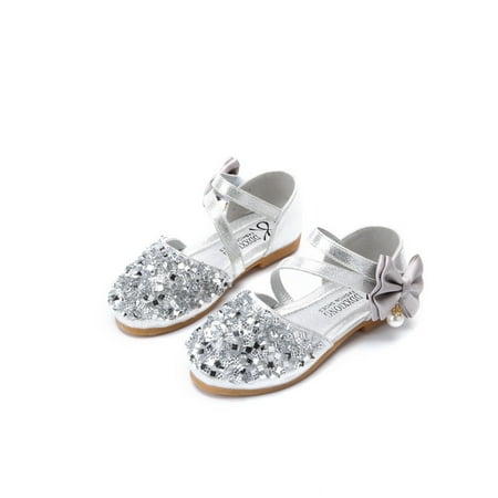 

EHTMSAK Kids Girls Summer Pearl Crystal Sandals First Walkers Shoes Toddler Baby Party School Wedding Outdoor Dress Flats Silver 12M-4Y 34