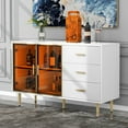 thumbnail image 3 of TREXM Modern Sideboard MDF Buffet Cabinet Marble Sticker Tabletop and Amber-yellow Tempered Glass Doors with Gold Metal Legs & Handles (White), 3 of 10