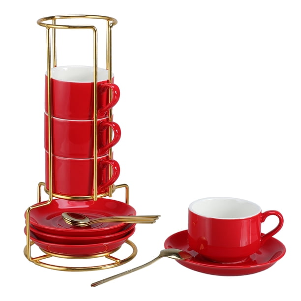 Conjunto de Tazas de Espresso de 3 Onzas de Unique Bargains, Set de 4 Tazas Demitasse Apilables Incluye Soporte de Exhibición, Platos y Cucharas para Máquinas y Uso en Casa, Tono Rojo y Dorado