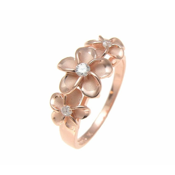 Pink rose gold plated sterling silver 925 Hawaiian 3 cz plumeria flower ring size 9.5