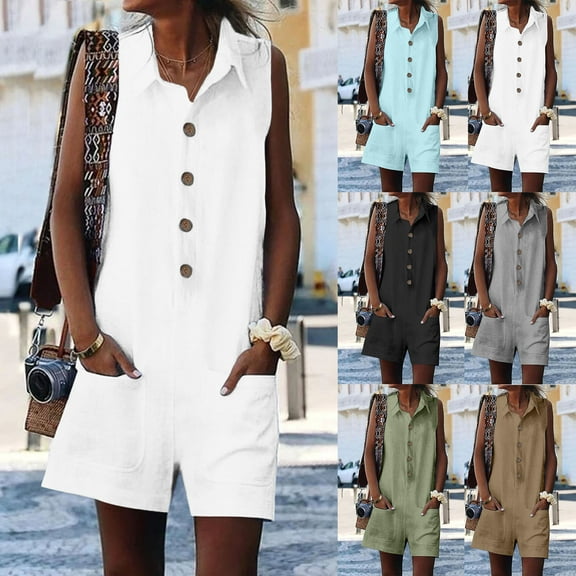 pstuiky Womens Jumpsuits, Cotton and Linen Solid Color Loose Short Linen Pants Outfits for Vacation Button with Button Active Fit Rompers for Women Army Green L