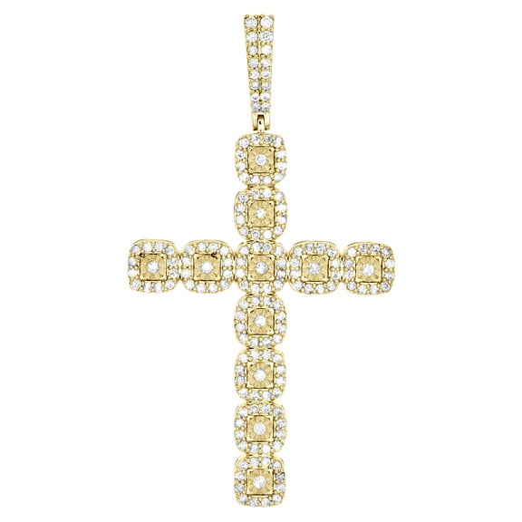 10K Yellow Gold Round Diamond Statement Cluster Cross Pendant 2.70" Charm 2 CT.