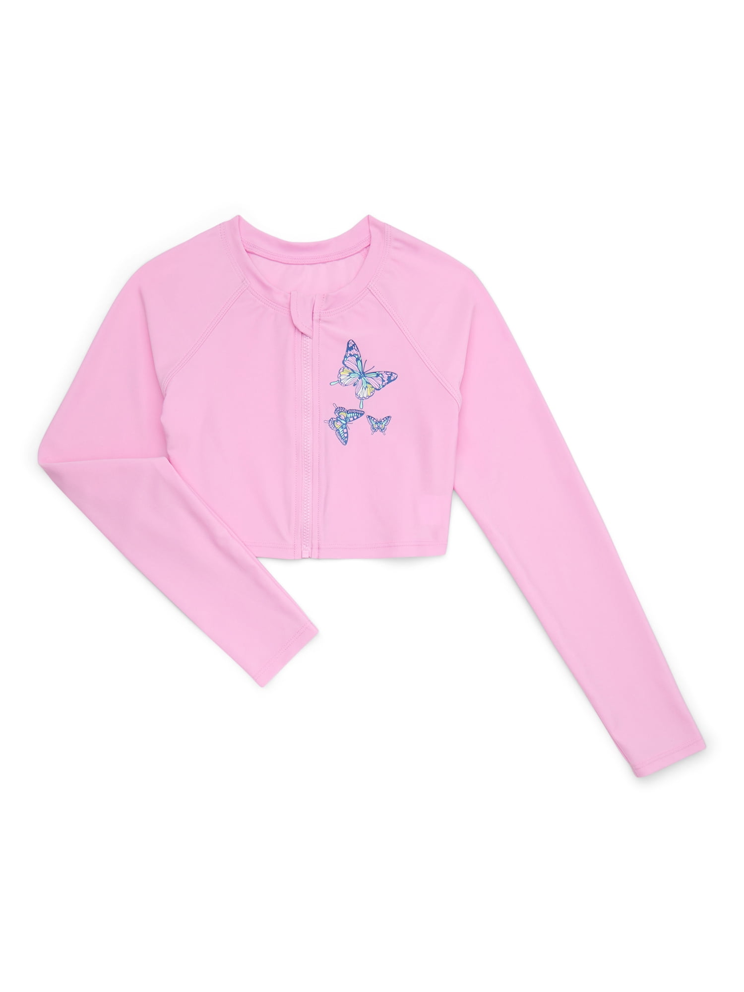 Wonder Nation Girls Long Sleeve Zip-Up Crop Rash Guard with Bikini Top and Bottom Swimsuit, 3-Piece Set, Sizes 4-18