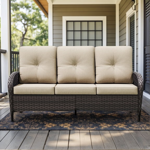 Meetleisure 3-Seat Outdoor Sofa, Couch Patio Sofa with Deep Seating and Thick Cushions, Beige