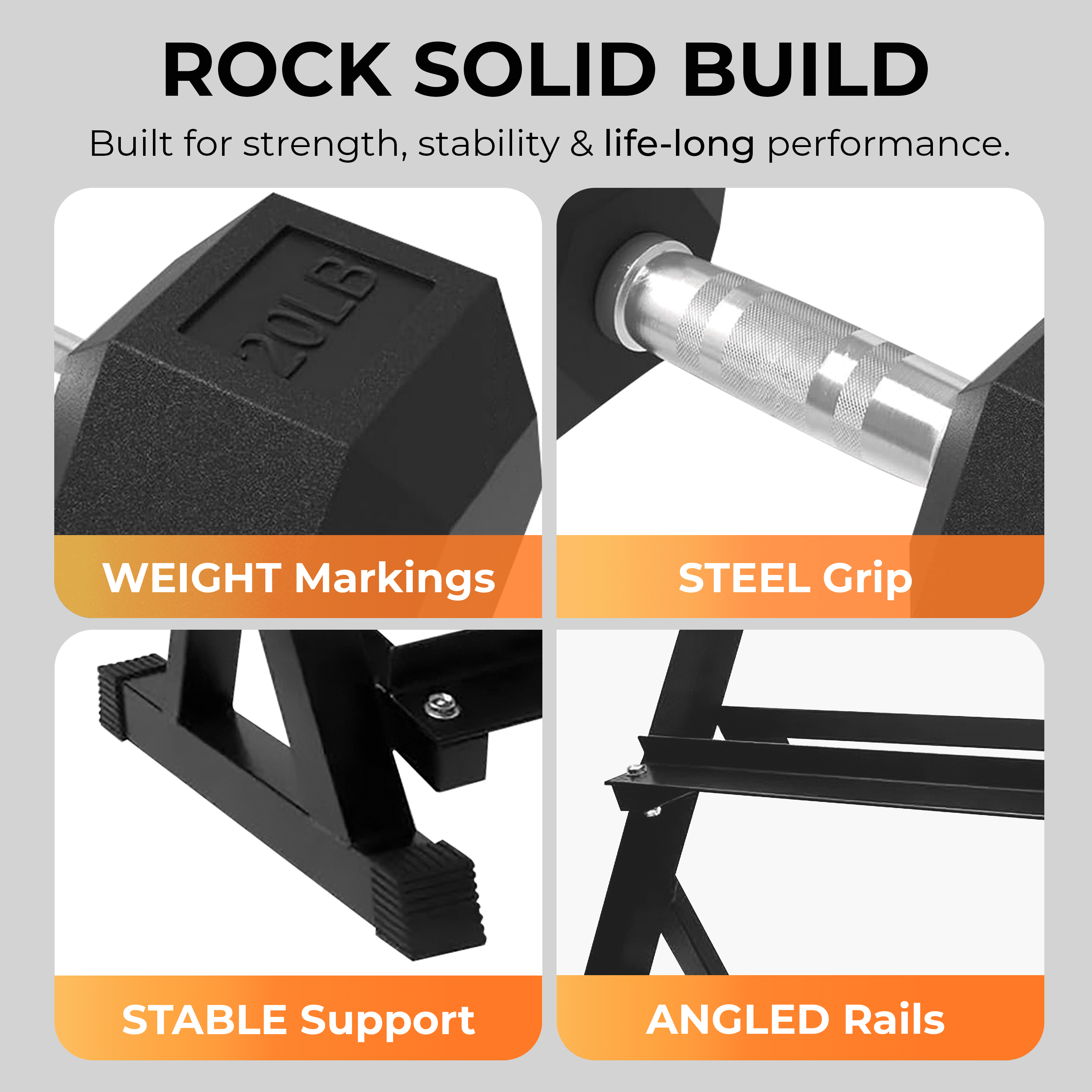 StrengthUSA Rubber Hex Dumbbell Set with Rack, 20 Pair of 5-100 lb (2100 lbs total) Weight Rack with Dumbbells, Rubber Coated Dumbbell Set with Rack Stand