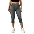 thumbnail image 3 of XUNKUSGA Plus Size Capri Pants for Women Trendy High Waisted Denim Print Split Hem Capri Leggings Summer Butt Lifting Skinny Pull On Cropped Pants,Black,L, 3 of 9