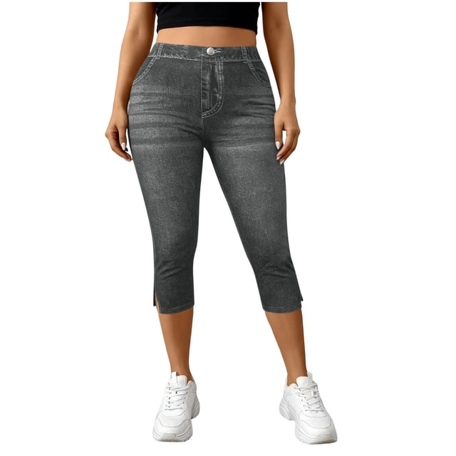 Pantalones de Cintura Elásticos para Mujeres Casual Caminando con Bolsillos Impresos No Tejido Denim Imitación Denim Hendidura Doblado Cómodo para Salir