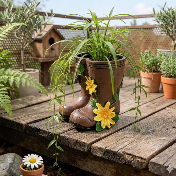 Rain Boot Planter Resin Decorative Flower Pot with Drainage Hole Farmhouse Garden Decor