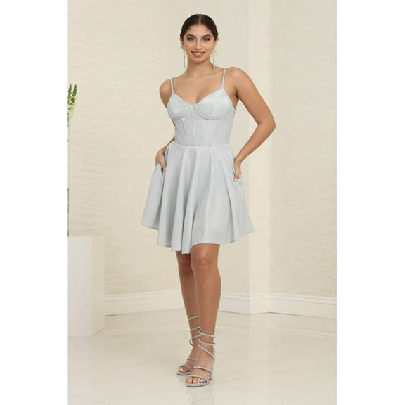 Women's May Queen MQ2096 Spaghetti Strap Floral Applique Cocktail Dress Silver 2