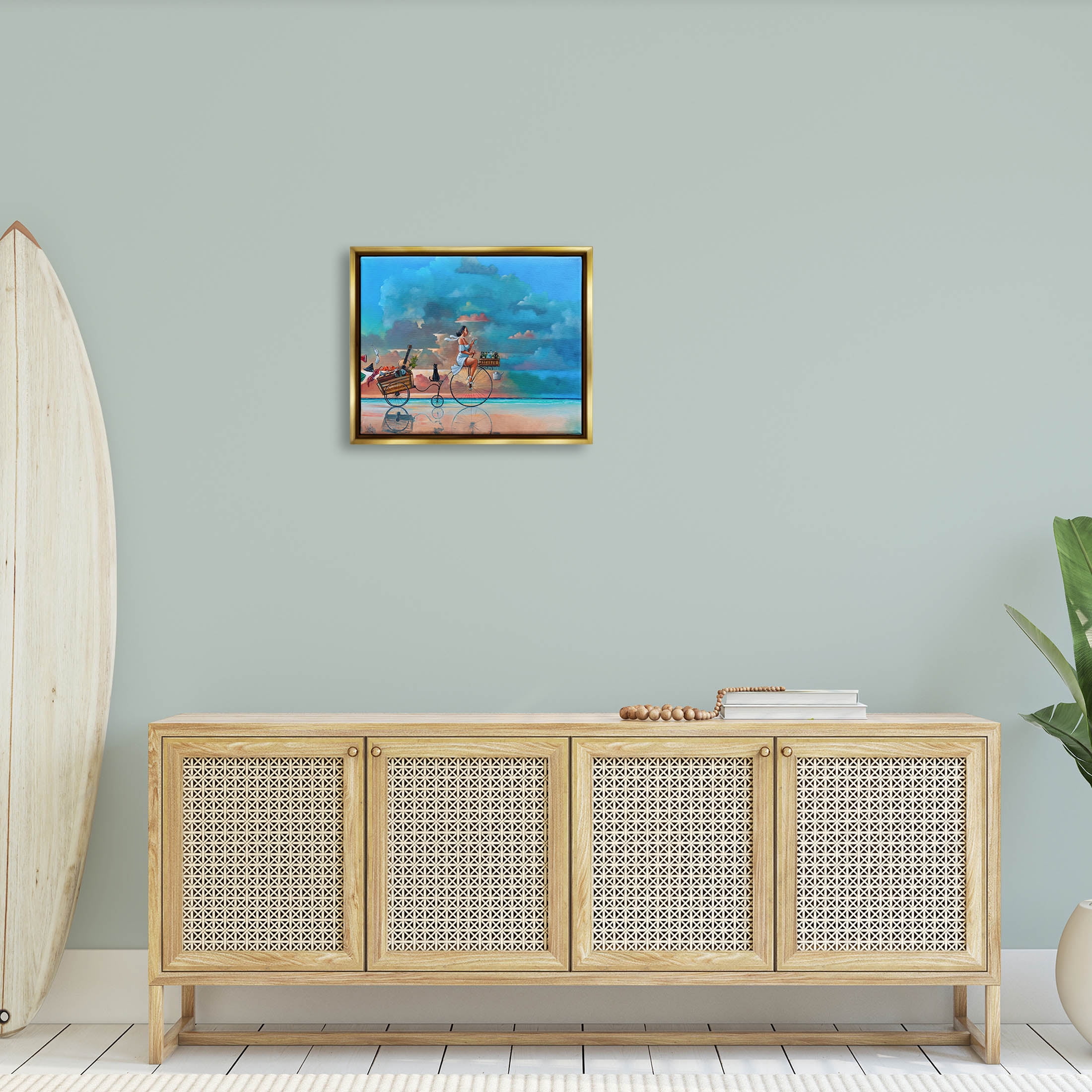 Summer Beach Bike Ride Reflection Coastal Painting Metallic Gold Framed Art Print Wall Art