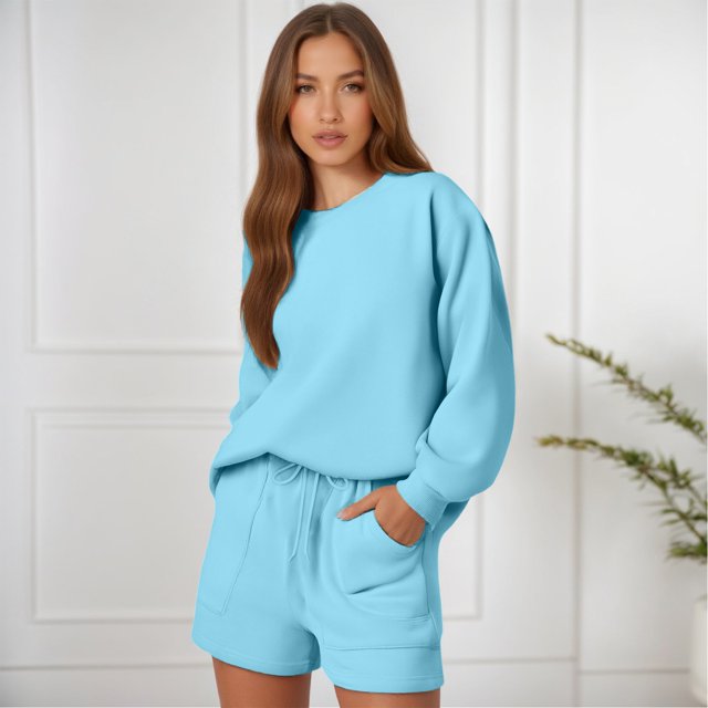 MKLEKYY conjunto de Pantalones Cortos de Playa para Mujer, de Manga Larga, Color Liso, Informal, Cuello Redondo, Holgado, con Bolsillo y Cordón