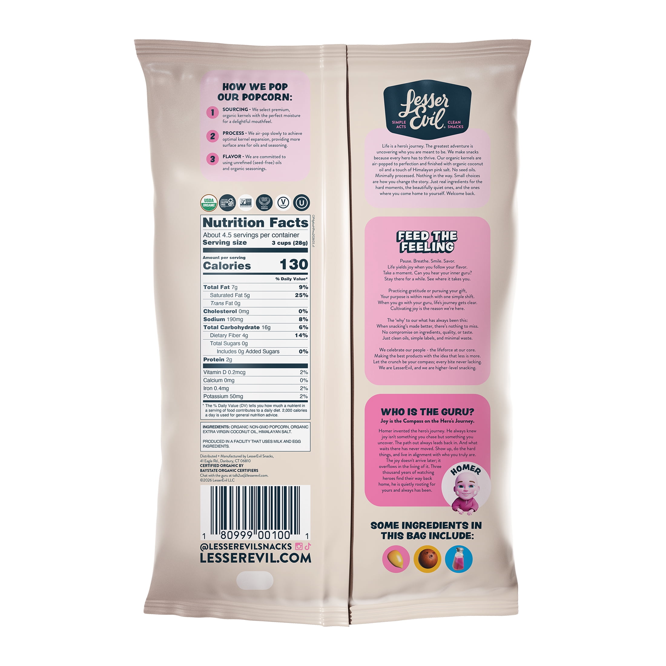 LesserEvil Himalayan Pink Organic Popcorn, 4.6 oz