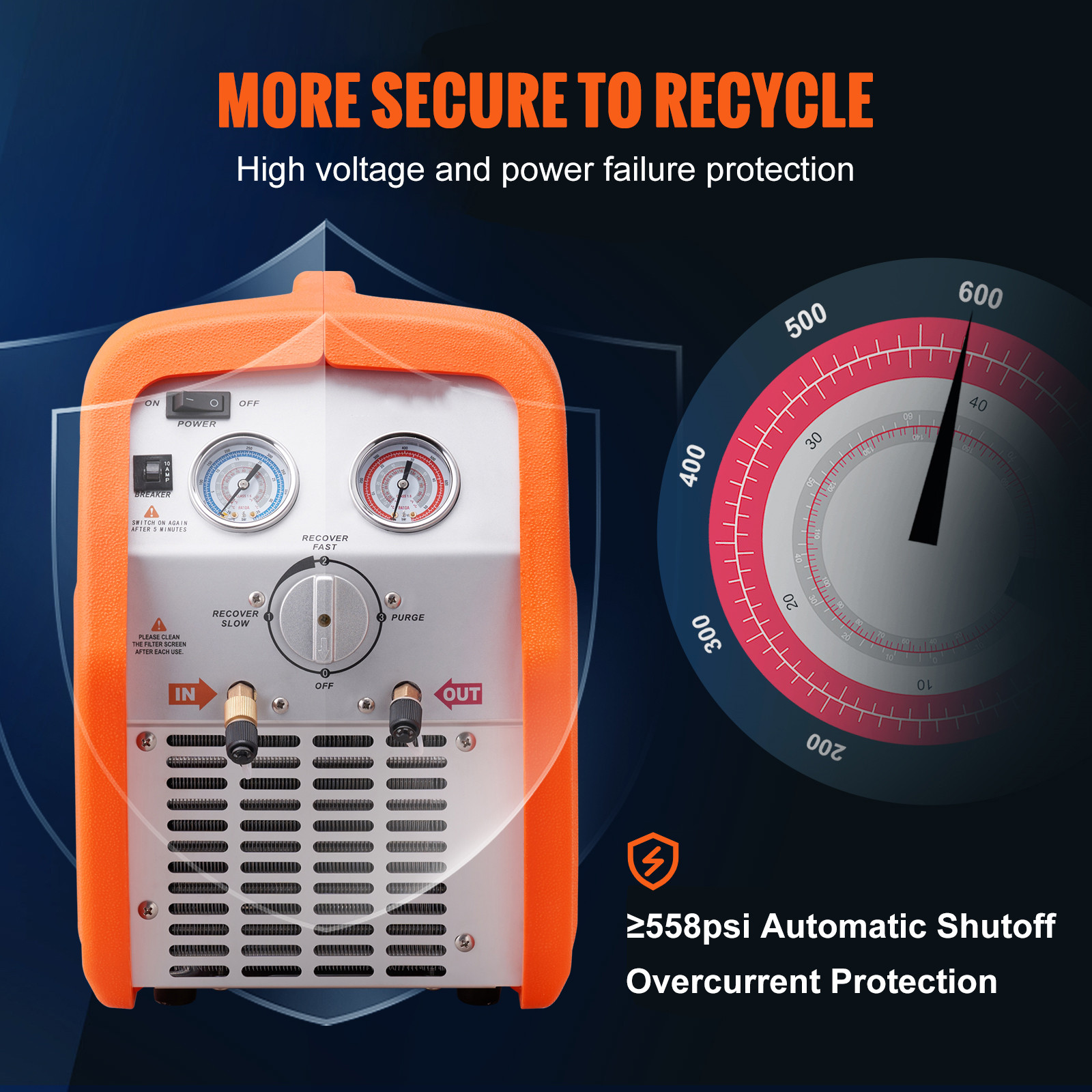 VEVOR Portable 1 HP Refrigerant Recovery Machine AC 120V 60Hz for Vapor Liquid Refrigerant with Self-cleaning Overcurrent Protection