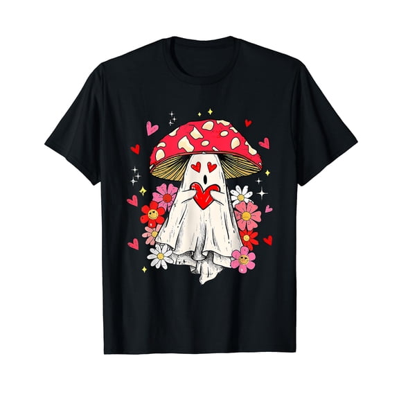 Cute Ghost Mushroom Valentines Day Groovy Hippie Family Cotton T-Shirt Black