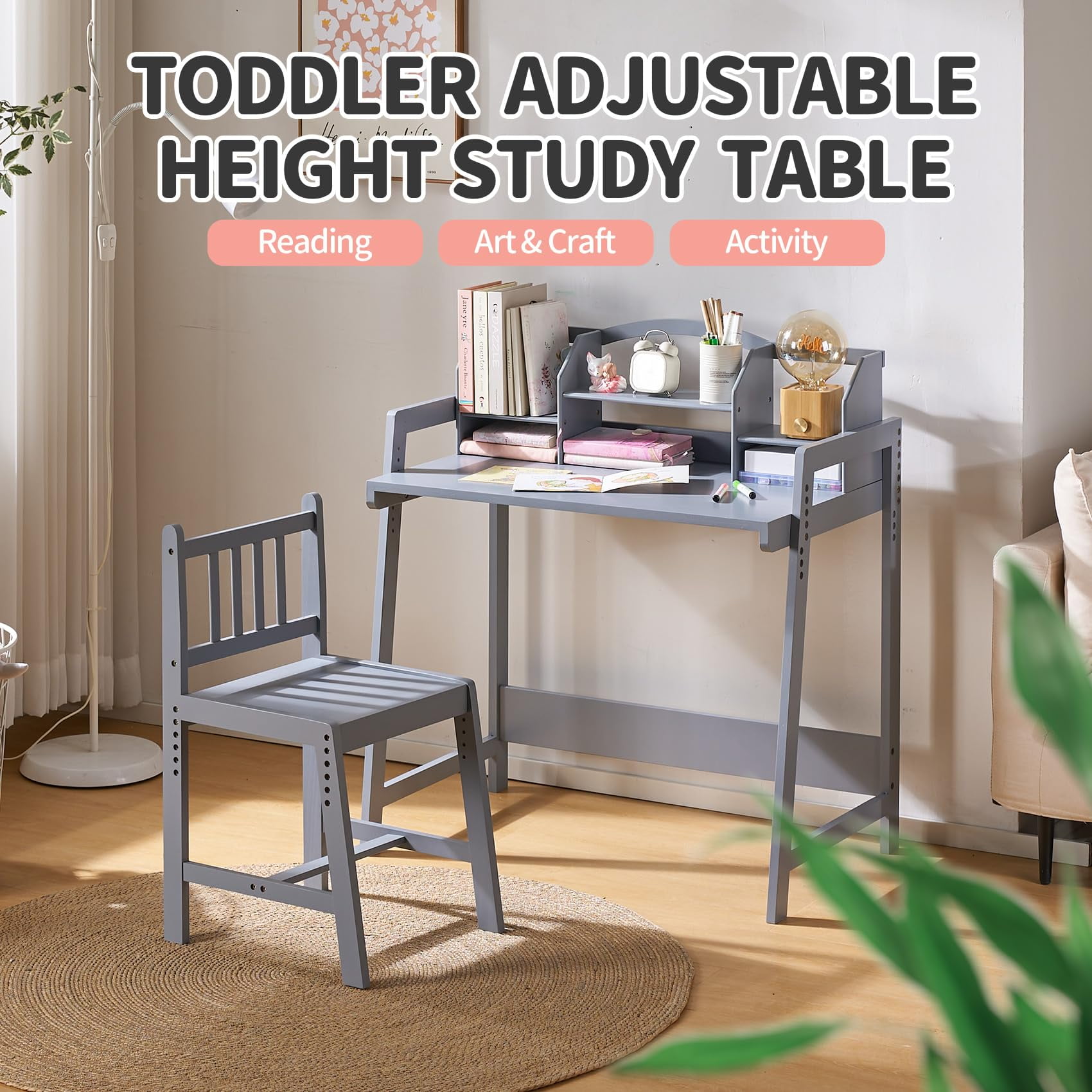 UNICOO® Kids Desk and Chair Set – Durable, Modern Study Table for Homework & Art – Ergonomic Design – Grey 01