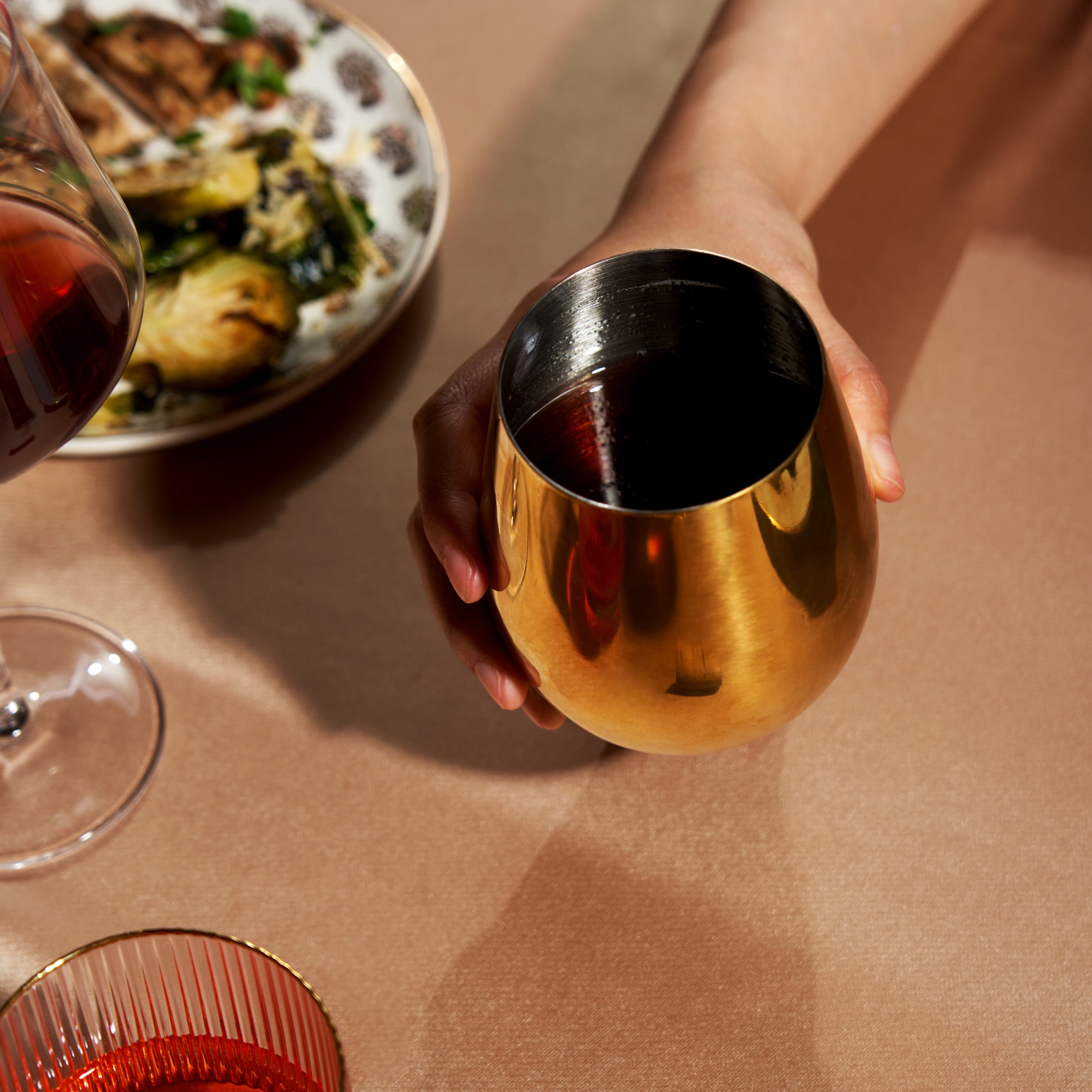 Viski Stainless Steel Stemless Wine Glasses, Home Bar, 18oz Set of 2, Gold