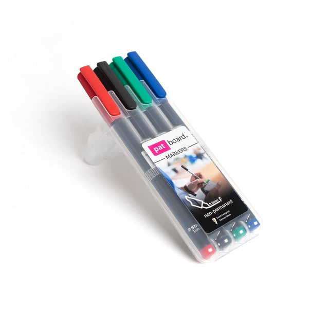 PATBOARD Marqueurs Non Permanents - Ensemble de 4 - Noir, Vert, Rouge (F) et Bleu (B) - Stylos Effaçables à l'Eau
