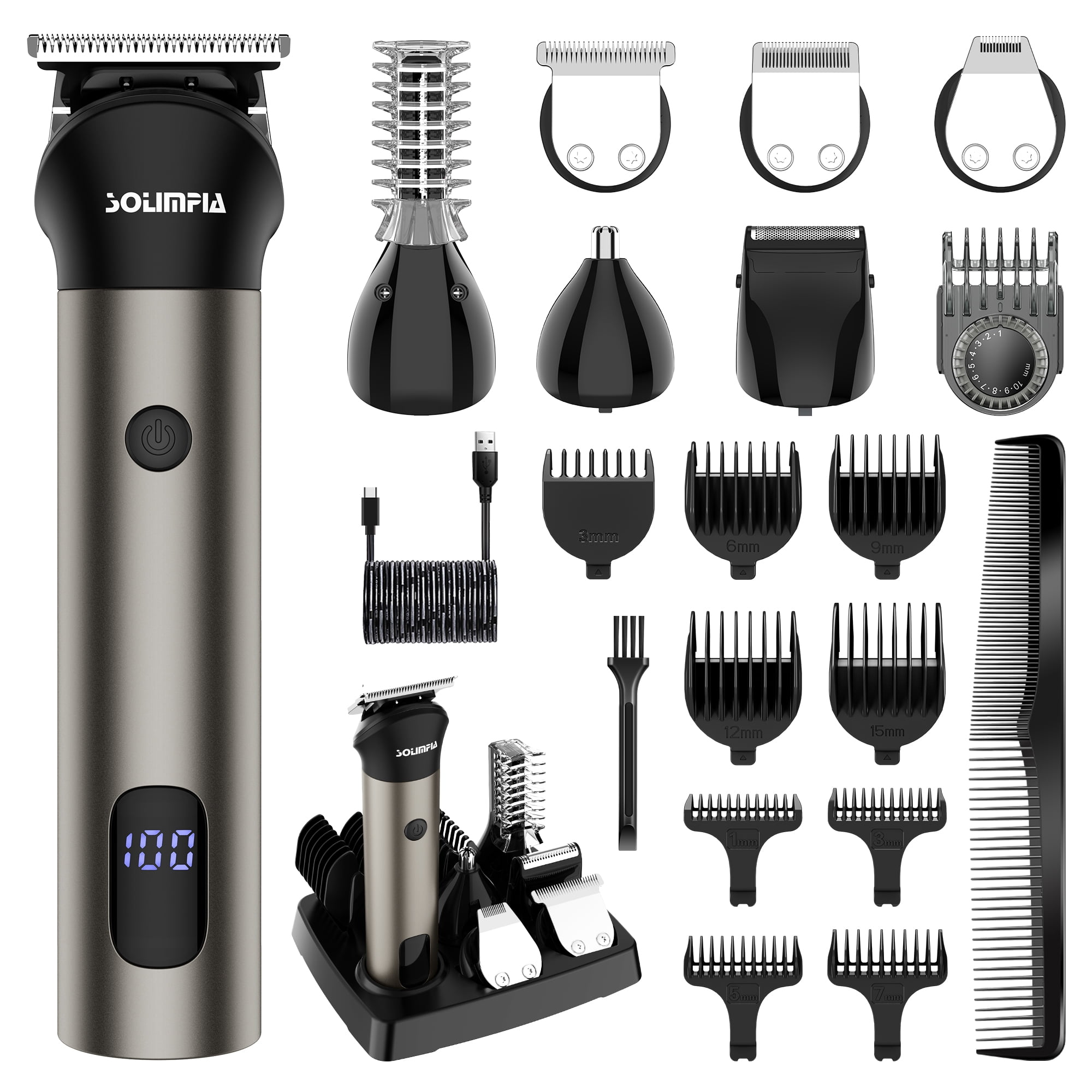 SOLIMPIA Men's Professional Hair Clipper Detail Trimmer 7-in-1 Beard Grooming Kit Black