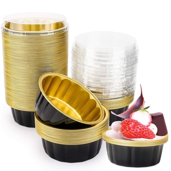 Disposable Baking Ramekins, Beasea 8 oz 100 Pack 3.9" Aluminum Foil Cups Bake Utility Ramekin Cup Souffle Cup Muffin Cupcake Baking Cup Mini Pudding Cups for Party Wedding Birthday - Black Gold