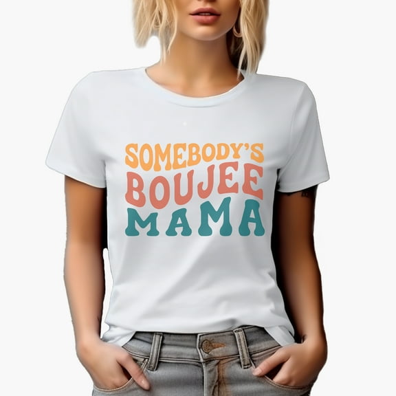 Somebody's Boujee Mama, Gen Z Mom Quote, Groovy Retro Wavy Text Merch Gift, White T-Shirt, Small
