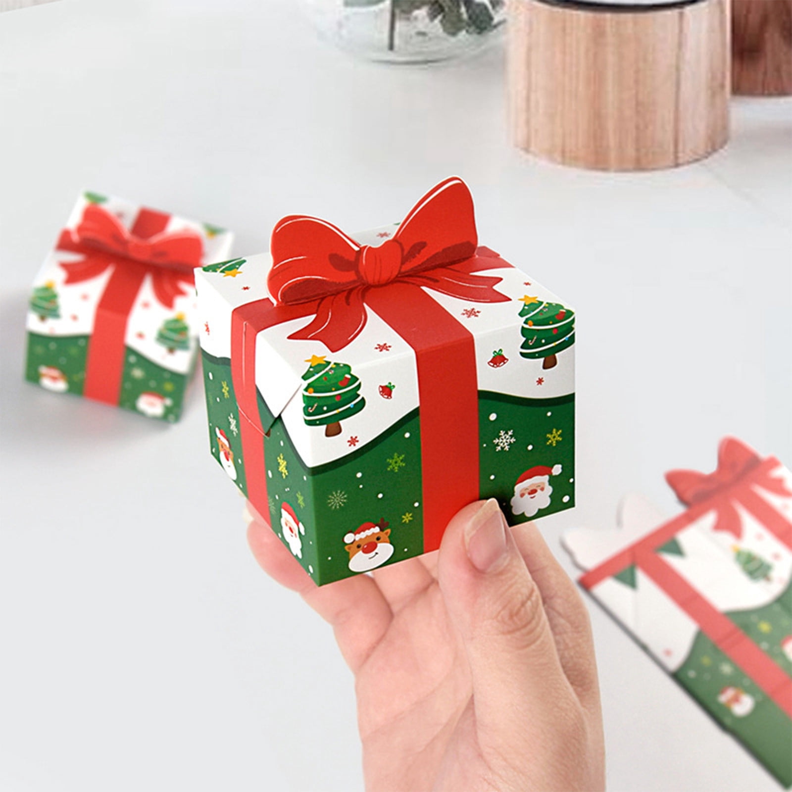 Cadorn 10 PCS 3D Christmas Goody Gift Boxes with Bow for Holiday Xmas Goodie Paper Boxes, School Classroom Party Supplies, Candy Treat Cardboard Cookie Boxes for Gift Giving