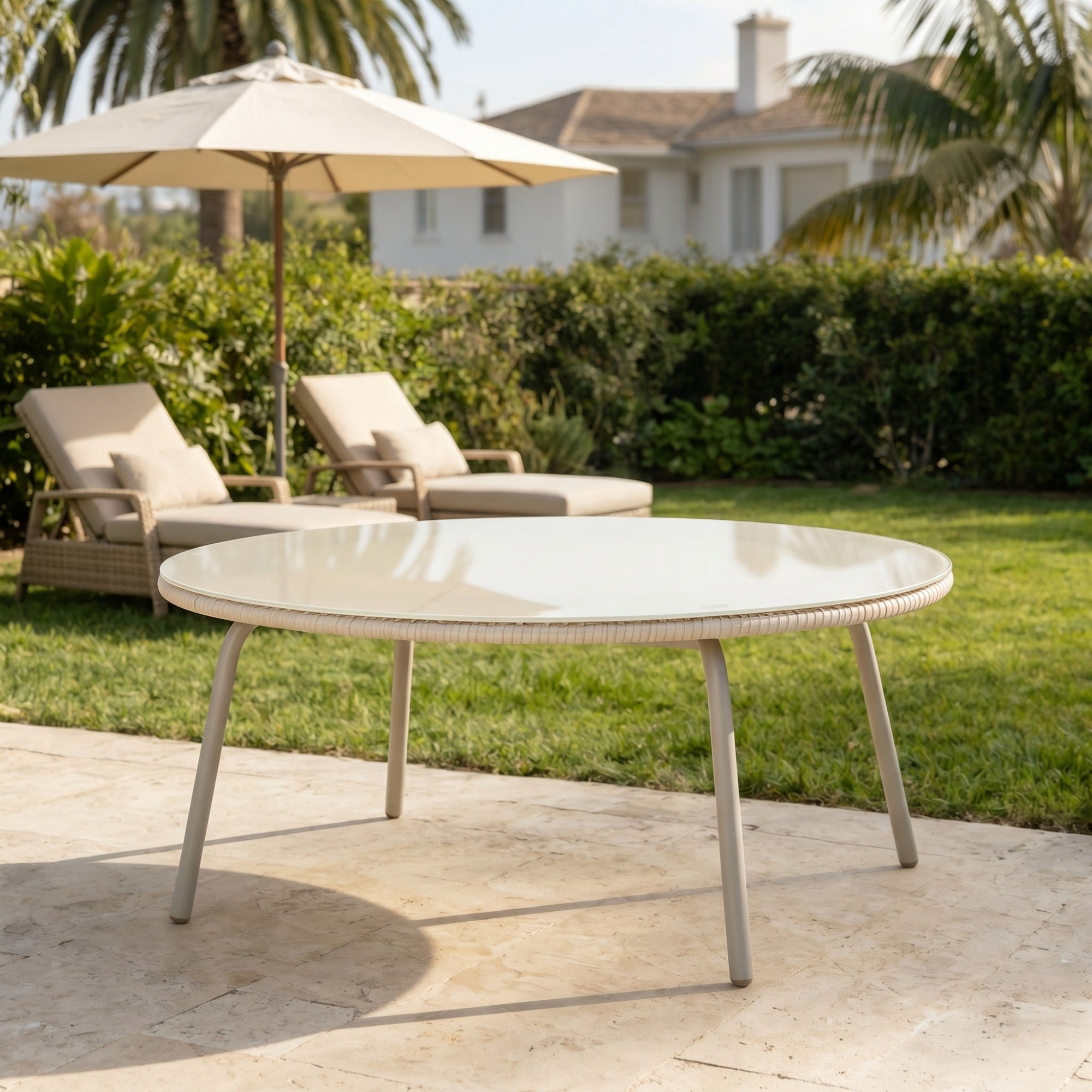 Sailvan Off-White Round Outdoor PE Rattan Glass Table for Patio Garden