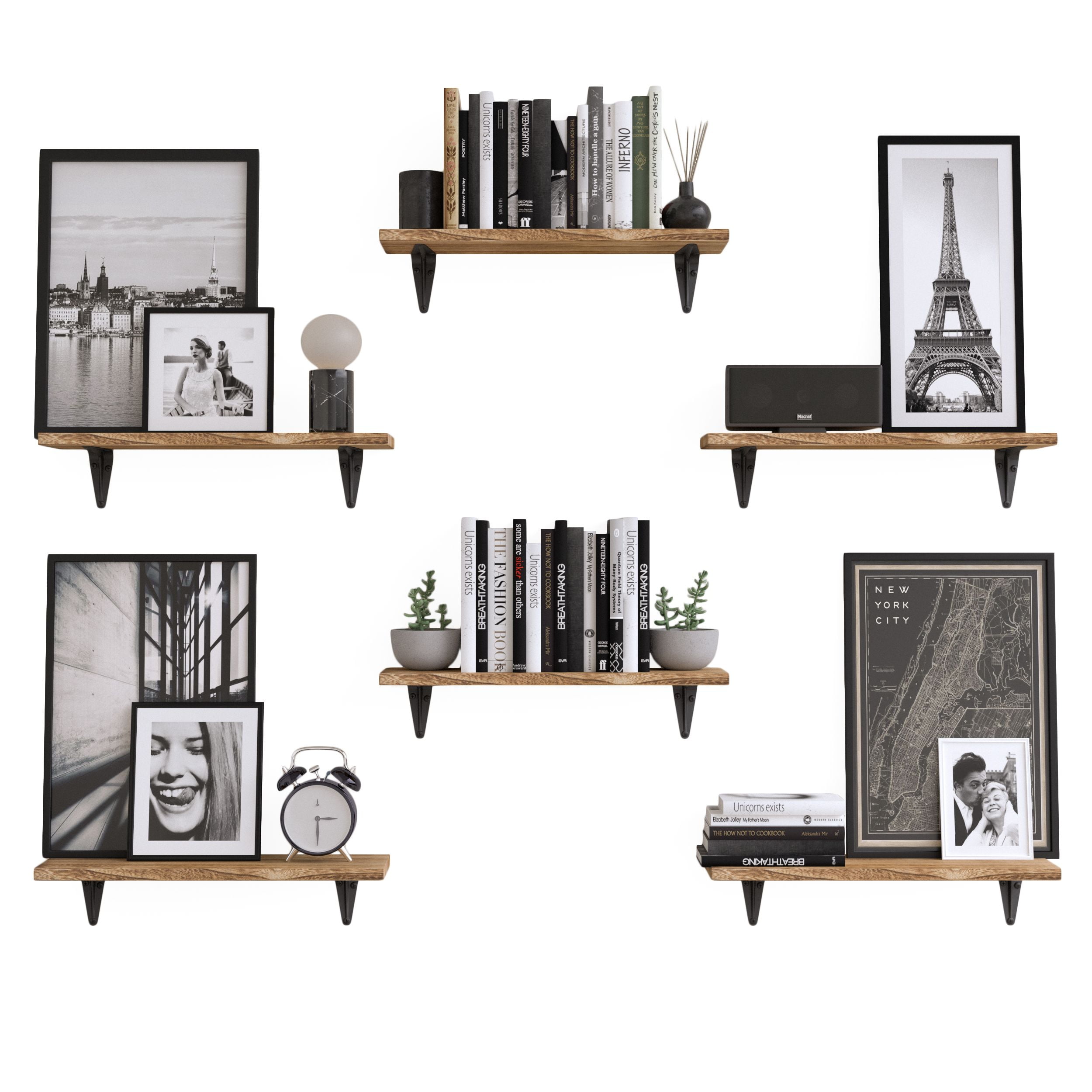 Wallniture Arras Wall Shelf for Bedroom Set of 6 Floating Shelves with Bracket Black Modern Farmhouse Decor, Natural Burned