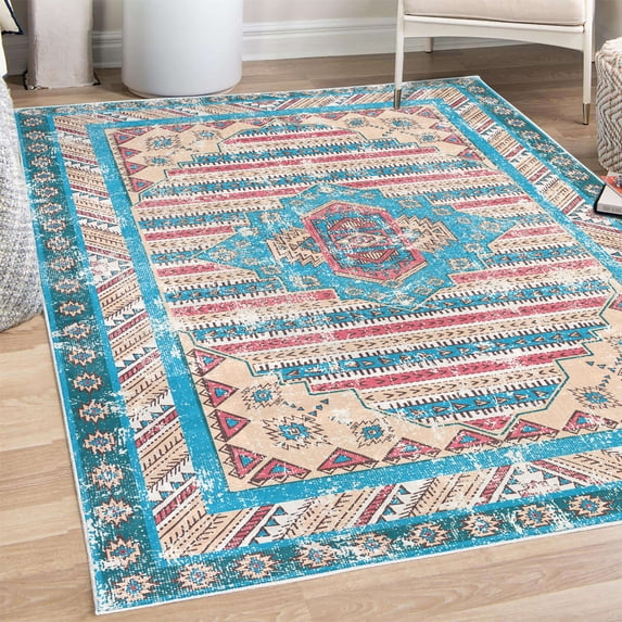 Ethnic Decorative Rug, Folkloric and Bohemian Artwork of Geometric Cultural Ornaments Rustic Look, Quality Carpet for Bedroom Dorm and Living Room, 6 Sizes, Blue Pink and Beige, by Ambesonne