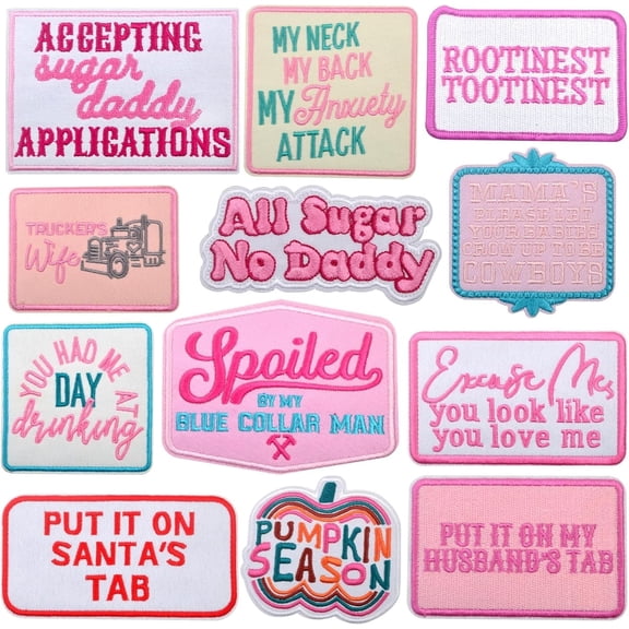 12pcs Phrase Iron on Patches Mixed Inspirational Words Embroidered Patch Appliques Sewing Repair DIY Accessories for Clothing Hats Backpacks Pants Jeans Jackets Crafts