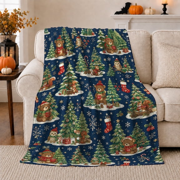 Winter Wonderland Bears Hats Scarves Holiday, Festive Holiday Scene, Warm Flannel Blanket for Living Room and Reading Nook, Art Lovers Christmas Gift, Festive Home Decor