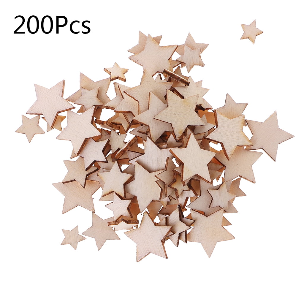YEUHTLL 200pcs Cut Wood Star Embellishment Wooden Shape Craft Wedding Decor
