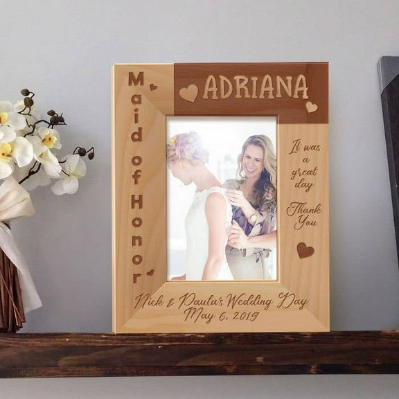 Maid of Honor Personalized Wooden Picture Frame 3 1/2" x 5" Brown (Vertical)