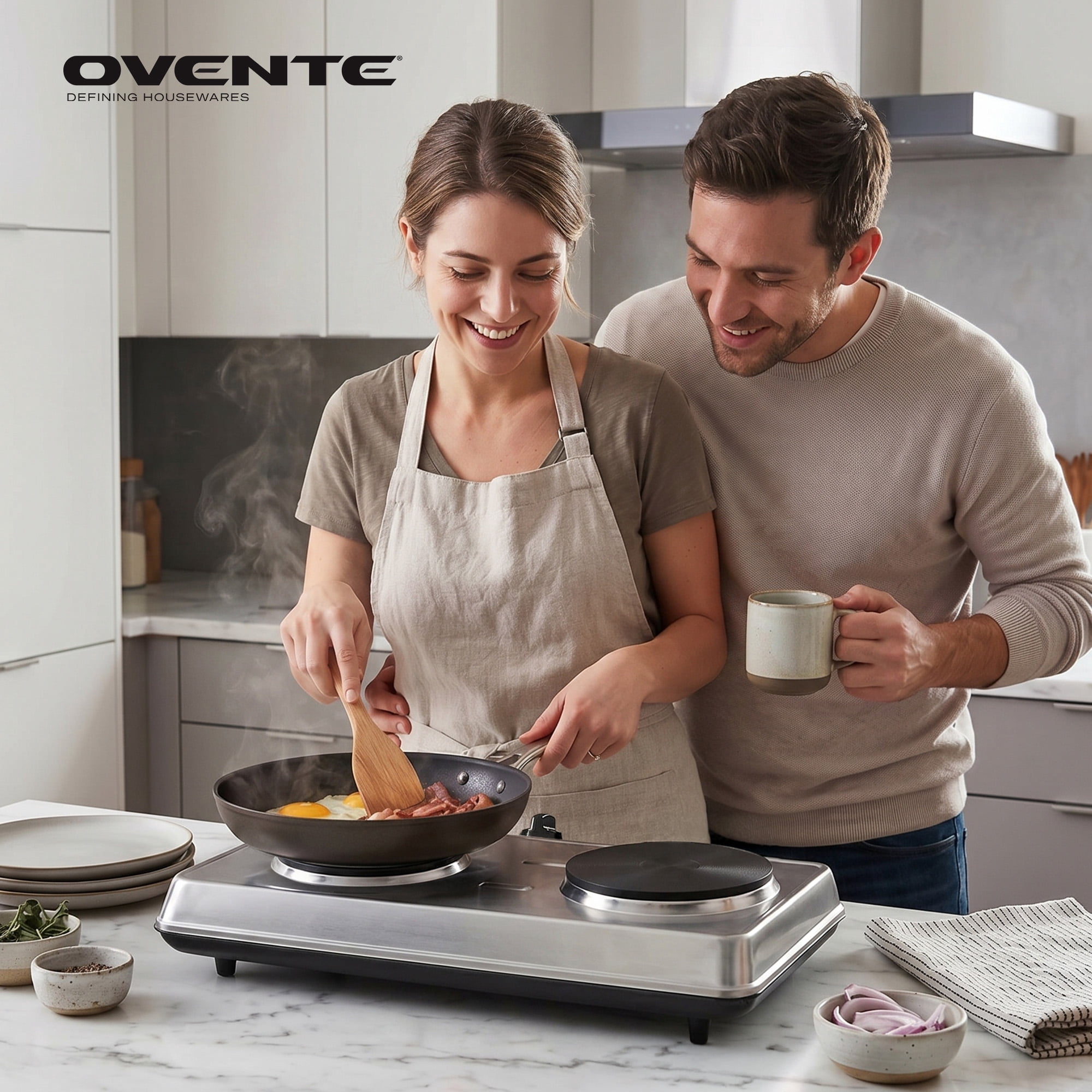 OVENTE Electric Countertop Double Burner, 1700W Cooktop with 7.25" and 6.10" Cast Iron Hot Plates, Temperature Control, Portable Cooking Stove and Easy to Clean Stainless Steel Base, Silver BGS102S