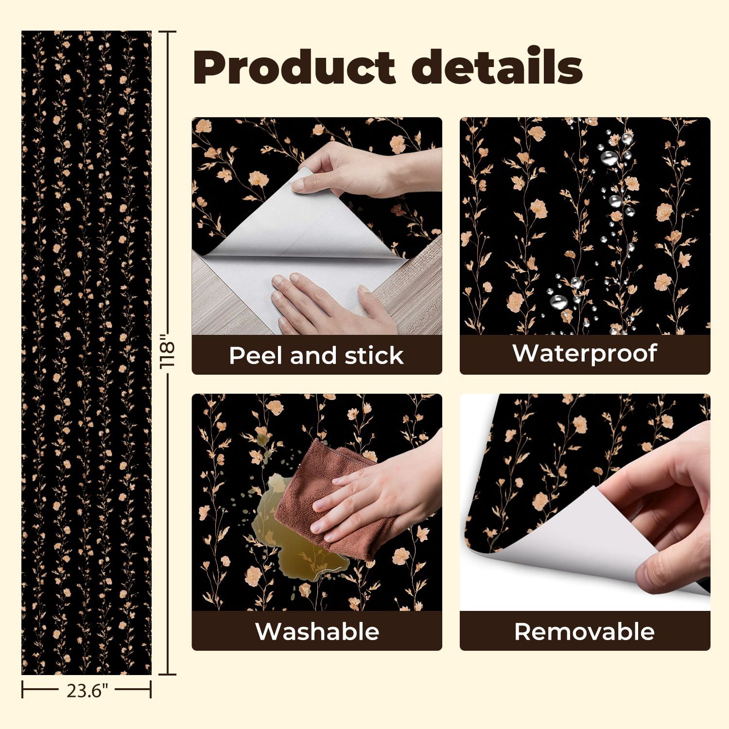 Peel and Stick Wallpaper 23.6in x 9.8ft Vintage Floral Delicate White Roses Black Contact Paper Vinyl Waterproof Self Adhesive Wall Paper for Bedroom Shelf Cabinet Renter Friendly