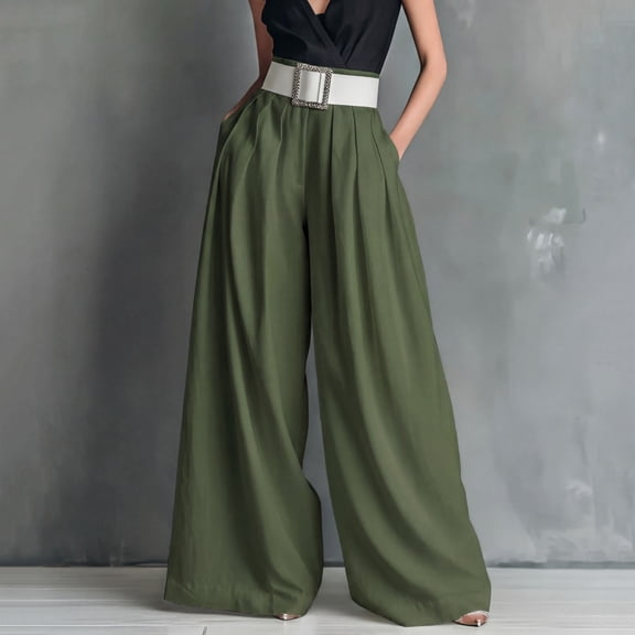 Cutuoiiu Casual Dress Pants Women Solid Color High Waist Wide Leg Palazzo Pants with Matching Belt for Office, Formal Wear