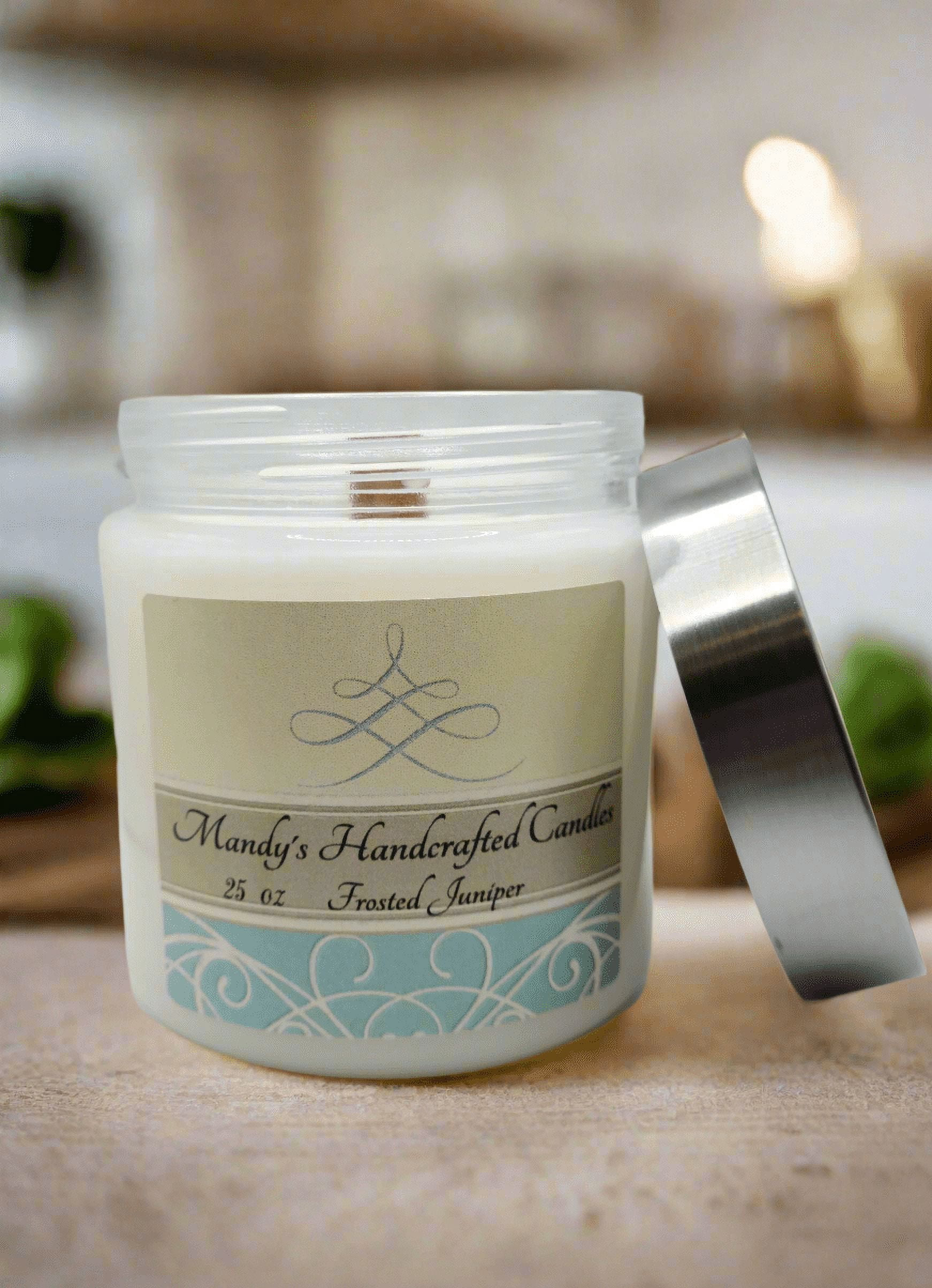 Mandy's Candles Round Clear Glass Candle, 25oz, Frosted Juniper Scented, with Crackling Wooden Wick
