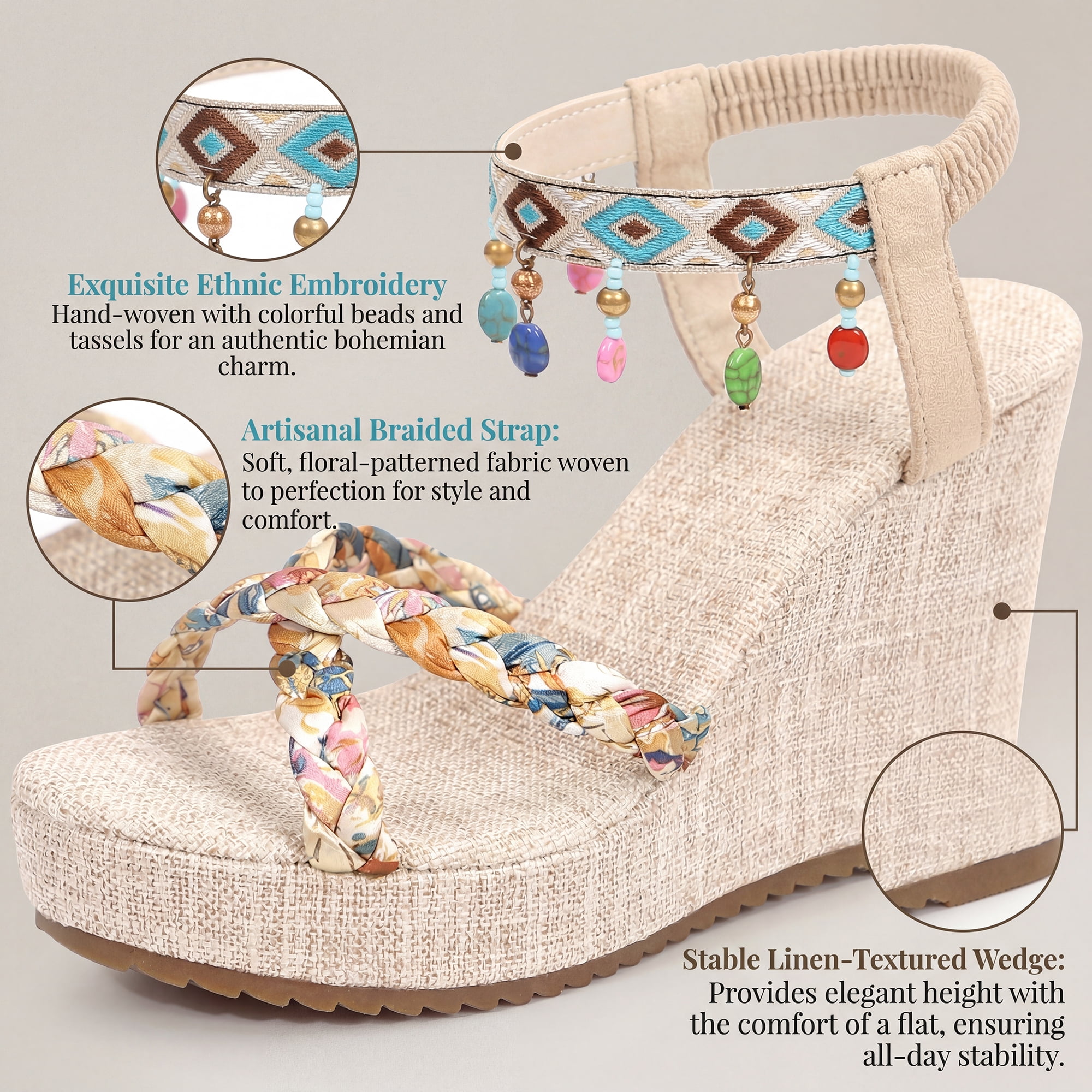 DARING DIVA Women's Stylish Bohemia Pull on Platform Wedge Heel Sandals Beige-4 8
