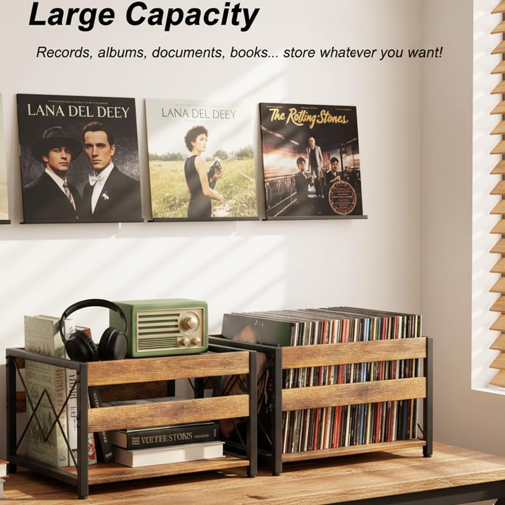 Y&M Vinyl Record Storage Crate, Wooden Storage Box, Classic Cube CD Albums Shelf Holder Organizer, Holds Up to 100+ Records, Magazine Rack for Desktop, Home, Office, Brown
