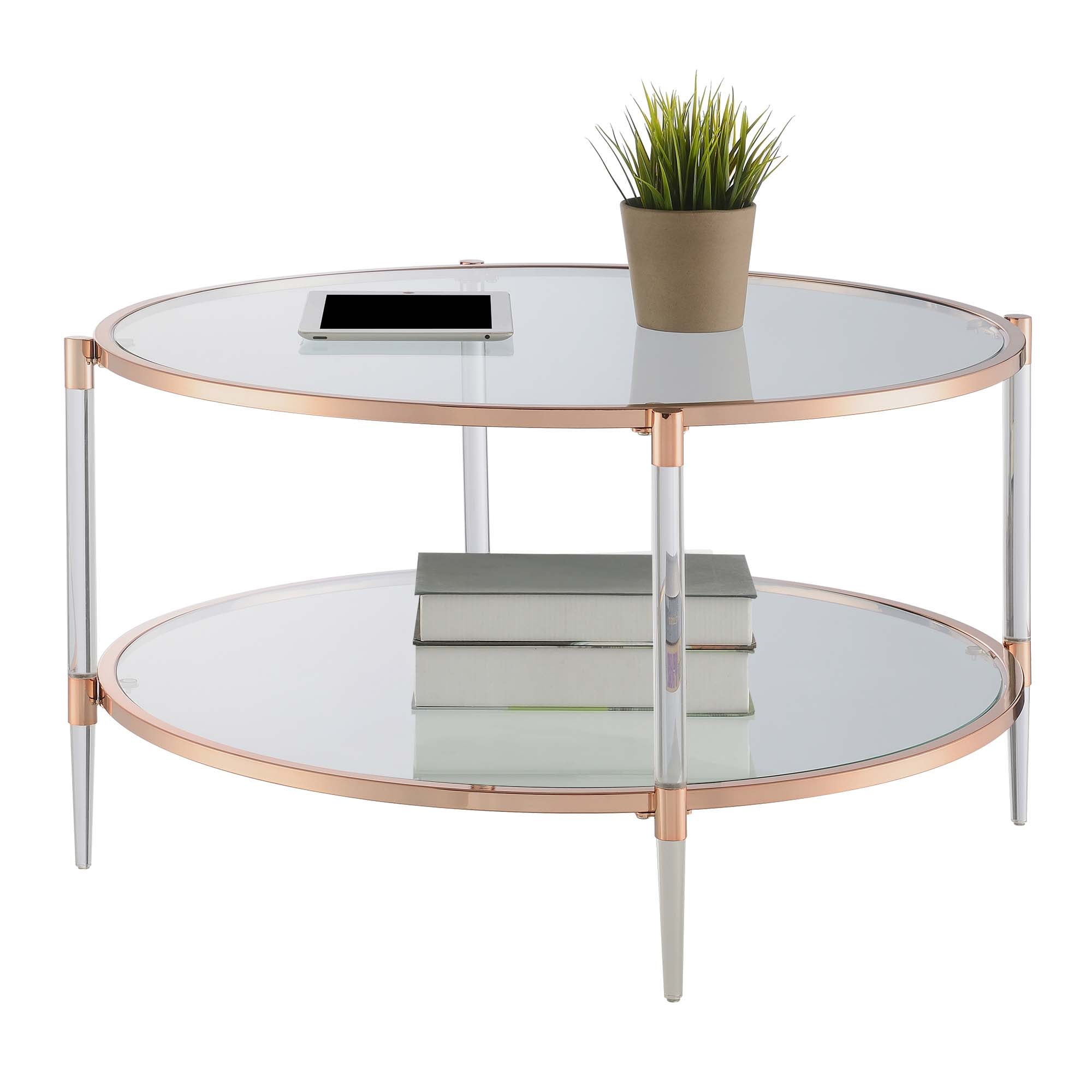 Royal Crest Two-Tier Clear Acrylic Glass Coffee Table with Gold and Chrome Frame