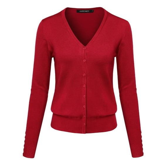 FashionOutfit Women's Basic Solid V-Neck Button Closure Long Sleeves Sweater Cardigan