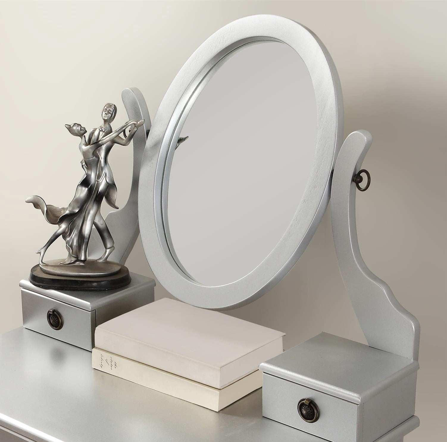 Mintazer Vanity Table Set with Adjustable Oval Mirror & Cushioned Stool, Makeup Dressing Table with 3 Drawer for Bedroom, Silver