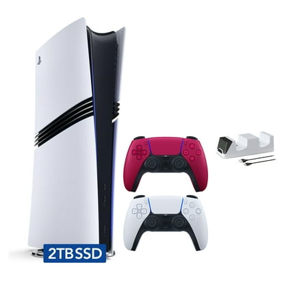 PlayStation 5 Pro 2TB SSD Digital Console with Two Controllers, White and Cosmic Red DualSense and Mytrix Dual Controller Charger - Flagship PS5 Pro Console