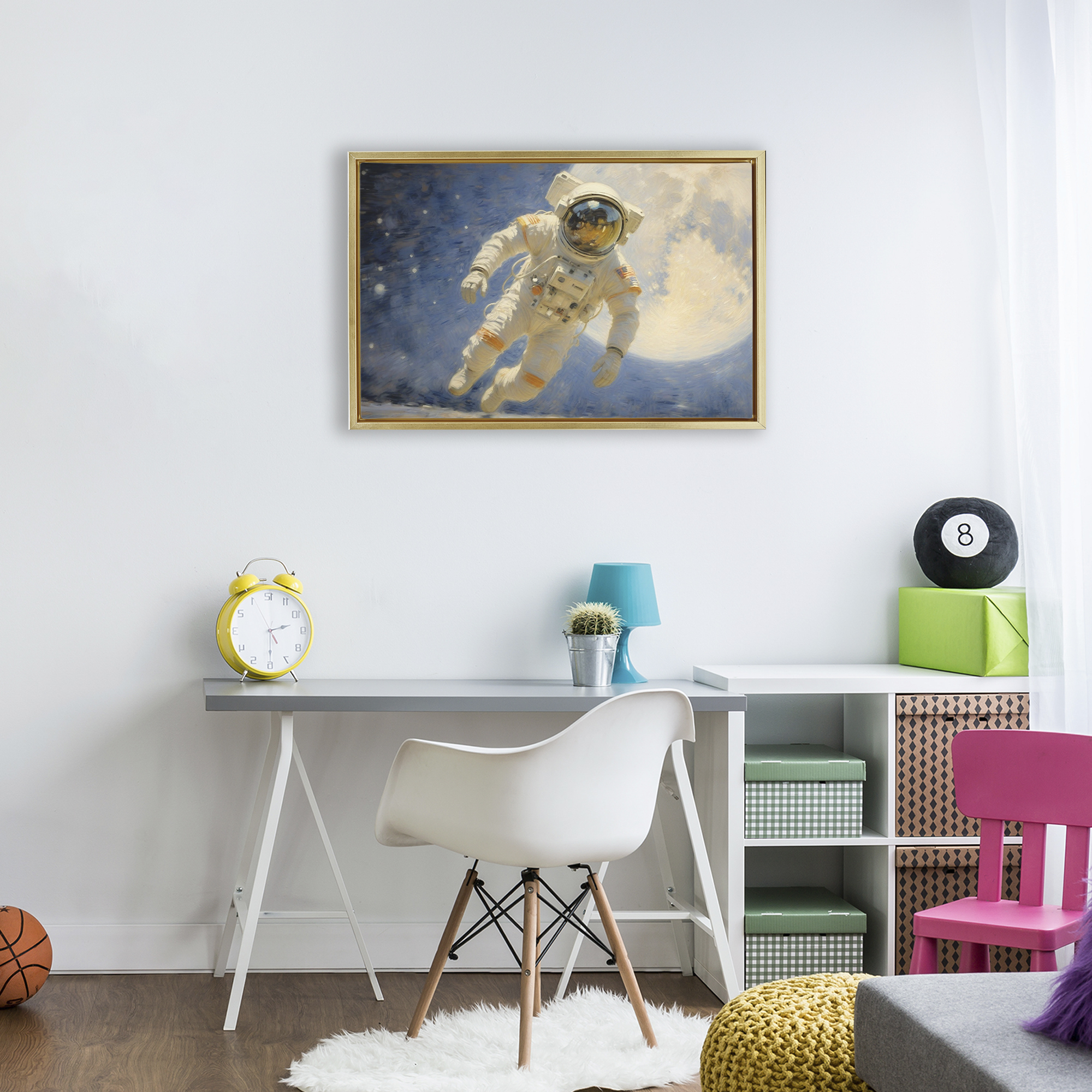 Astronaut in Vast Galaxy Gold Framed Floater Canvas Wall Art, design by Angie Hawke